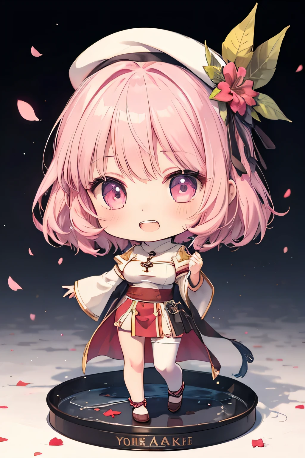 happy girl ( showing teeth), standing,  pink hair color,  mmorpg background ,  mmorpg background (A stranger), complete anatomy,   graphic effects ,  ornament of an accessory shaped like a flower on her head, aura, white beret, height 159 cm  ( 5 feet 3 inches ),  summoning circle, Castea ability Heal ( ragnarok online ), Blue Fire Force +vapor,  fire around, strong breeze ,  sakura petals and leaves, primera persona, blush, looking at the viewer, Charm, Pausa de toque ciego looking at the viewer,  anime style very detailed face, 8K, light and shadow effect.  masterpiece,  The best quality , fullbody, Chibi, , (change:1.2), Nendoroide, PVC models 