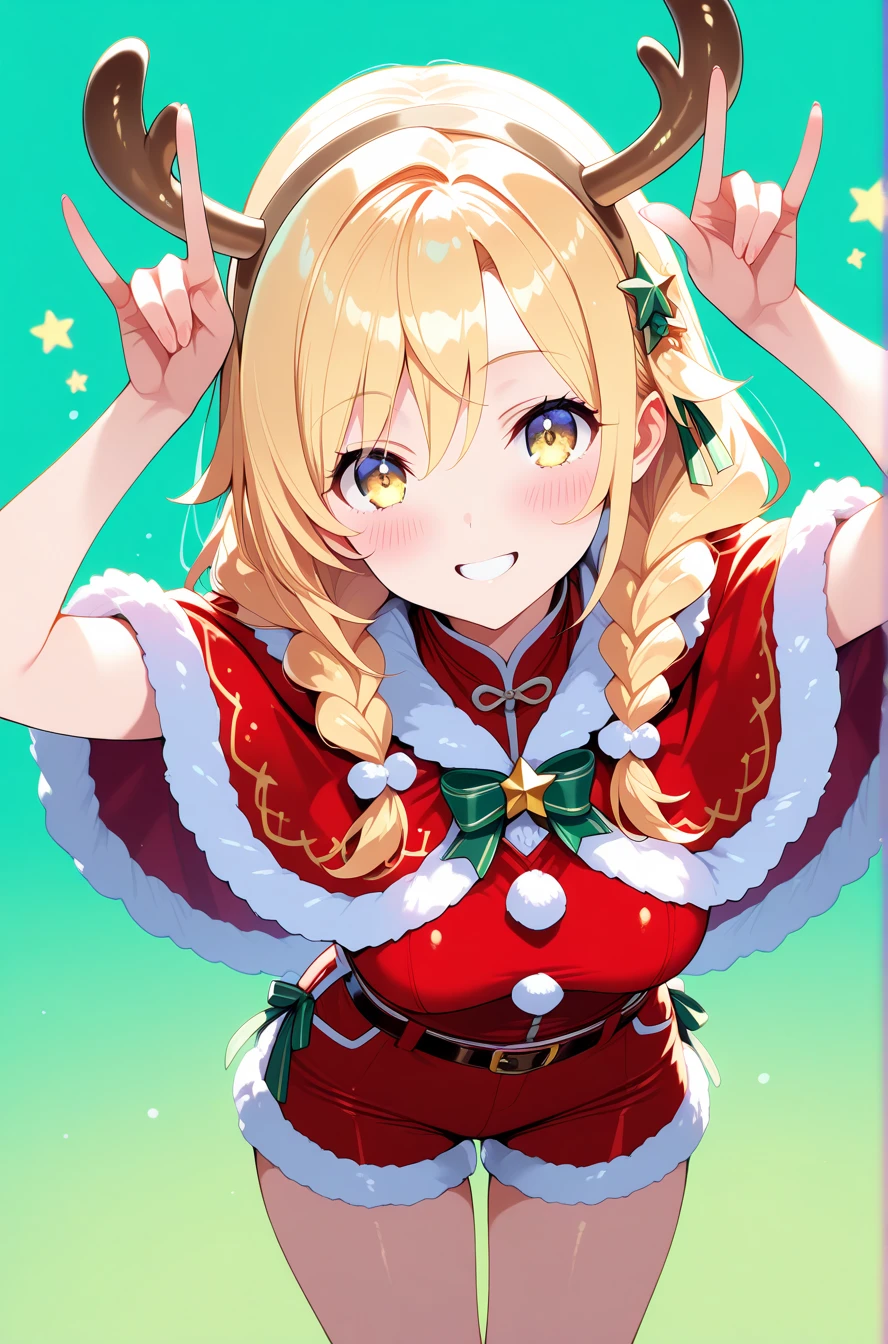 2girl, arms up, blonde hair, blush, braid, fur-trimmed capelet, fur-trimmed shorts, fur trim, green background, horns pose, fake deer horns,long hair, looking at viewer, red capelet, red shirt, red shorts, shirt, shorts, smile, solo, star (symbol), twin braids, yellow eyes, looking_at_viewer, BREAK Bright And Sunny Lighting,((masterpiece, best quality, good quality, ultra detailed, absurdres, newest))