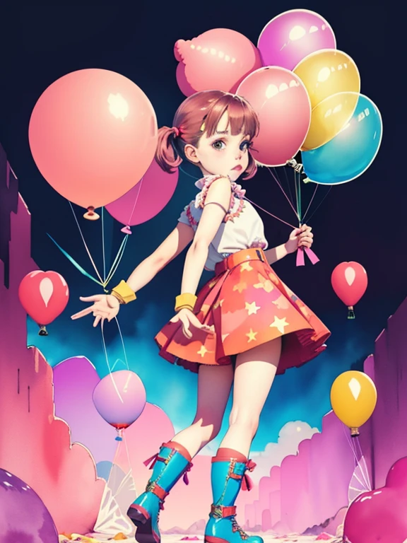  a 19-years-old lady, loli, sissy, female brat,  (((having balloons))), boots, geometric background, vibrant colors, watercolor, (((full body))), big ribbon, looking back at me, pigtail, long flare skirt,