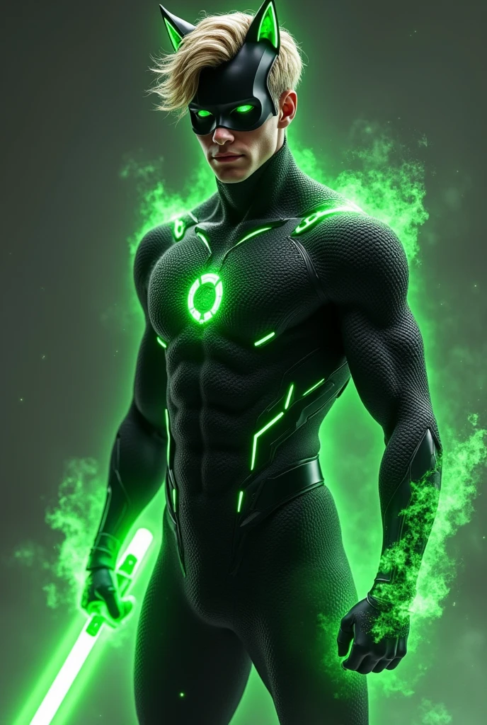 Slim man with a metal prosthetic leg, transparent tubes coming out of the prosthetic leg pumping a green liquid, black gasmask with bright green details that only covers mouth and nose, wearing a masculine crop top with the letter R on it and pants with one leg. Anime Style 