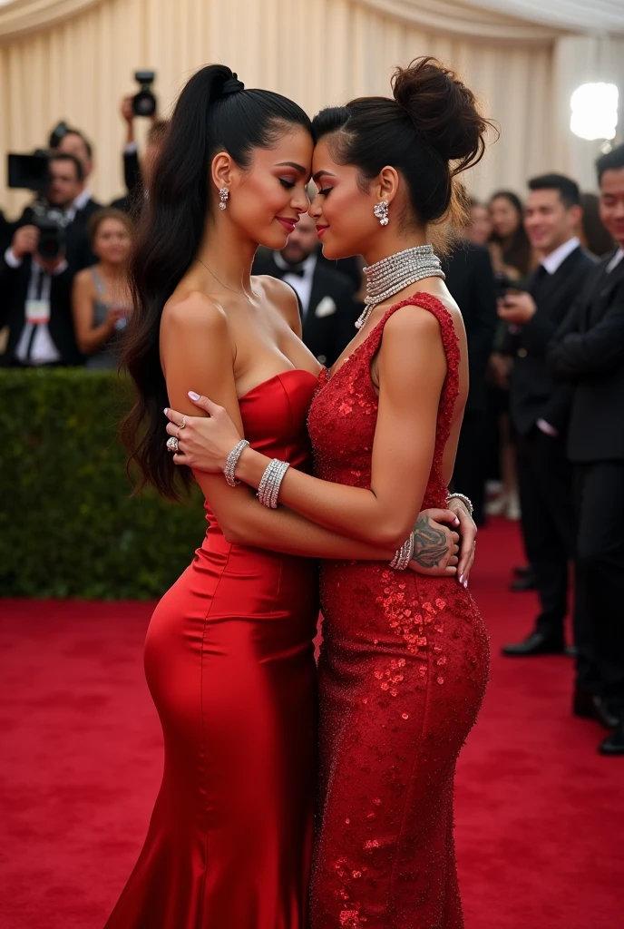 Isabela Merced and friend on the red carpet, (kissing:1.2), glamour dress, side boob, high heeled ankle boots, (skin texture:1.1), (high detail face:1.1), high detail body, high detail clotheasterpiece), (realistic), ultra high definition, 4k, ultra high resolution