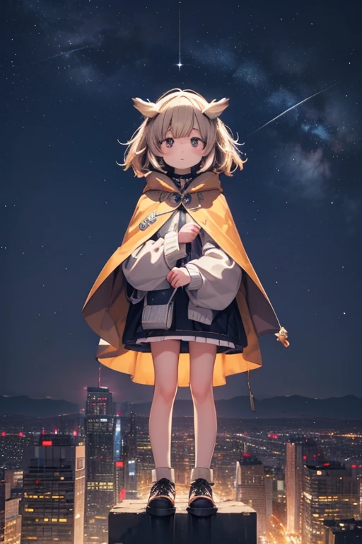 Night Sky, city,  owl， 1 girl ,  standing, Alone, whole body, , Maribe,  puff sleeve ,  Cape, bag