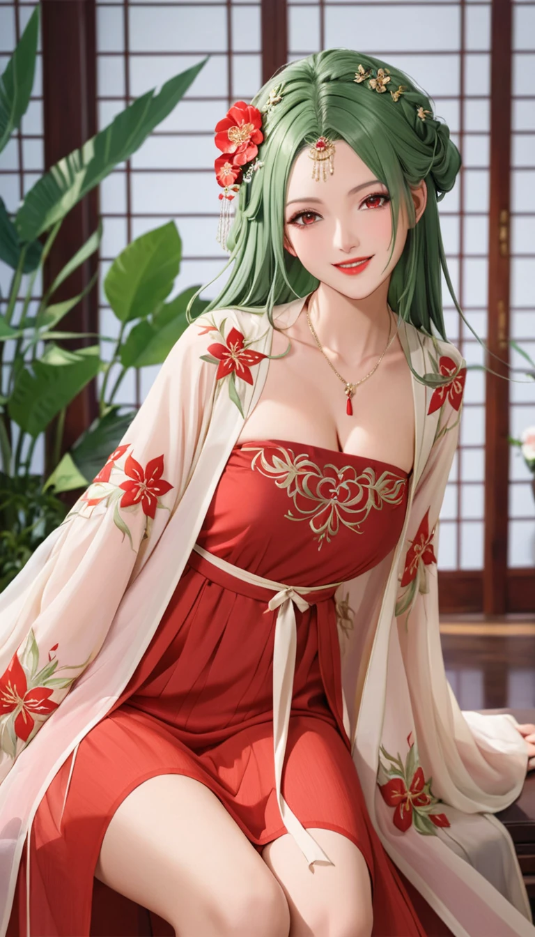  top quality,  Masterpiece  ,  very delicate and beautiful, CG, very detailed , high definition ,  very detailed, depth of field,  1 girl , beautiful detailed girls,green_hair, length_hair,  beautifully detailed red eyes ,(compensate:1.2), red lips, light on face,( has an enchanting smile:1.2),Big Breasts, clevis,(thigh),Daishuyama ,
Daishuyama  style,indoor, botanical decoration ,( cowboy shot:1.5)