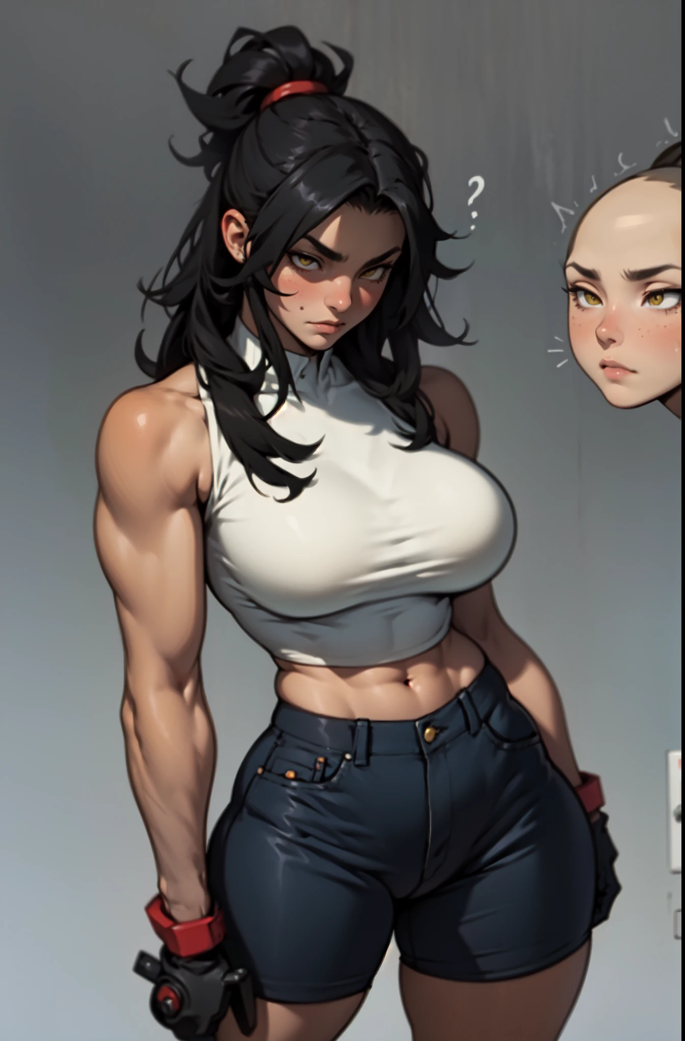 sad girl muscular muscular muscular breasts breasts breasts thick thick thick thick black hair yellow eyes pale skin pale skin thick thick thick long sleeve dark atmosphere thick thick thick thick thick thick muscular simple background sad sad sad sad tigth shirt