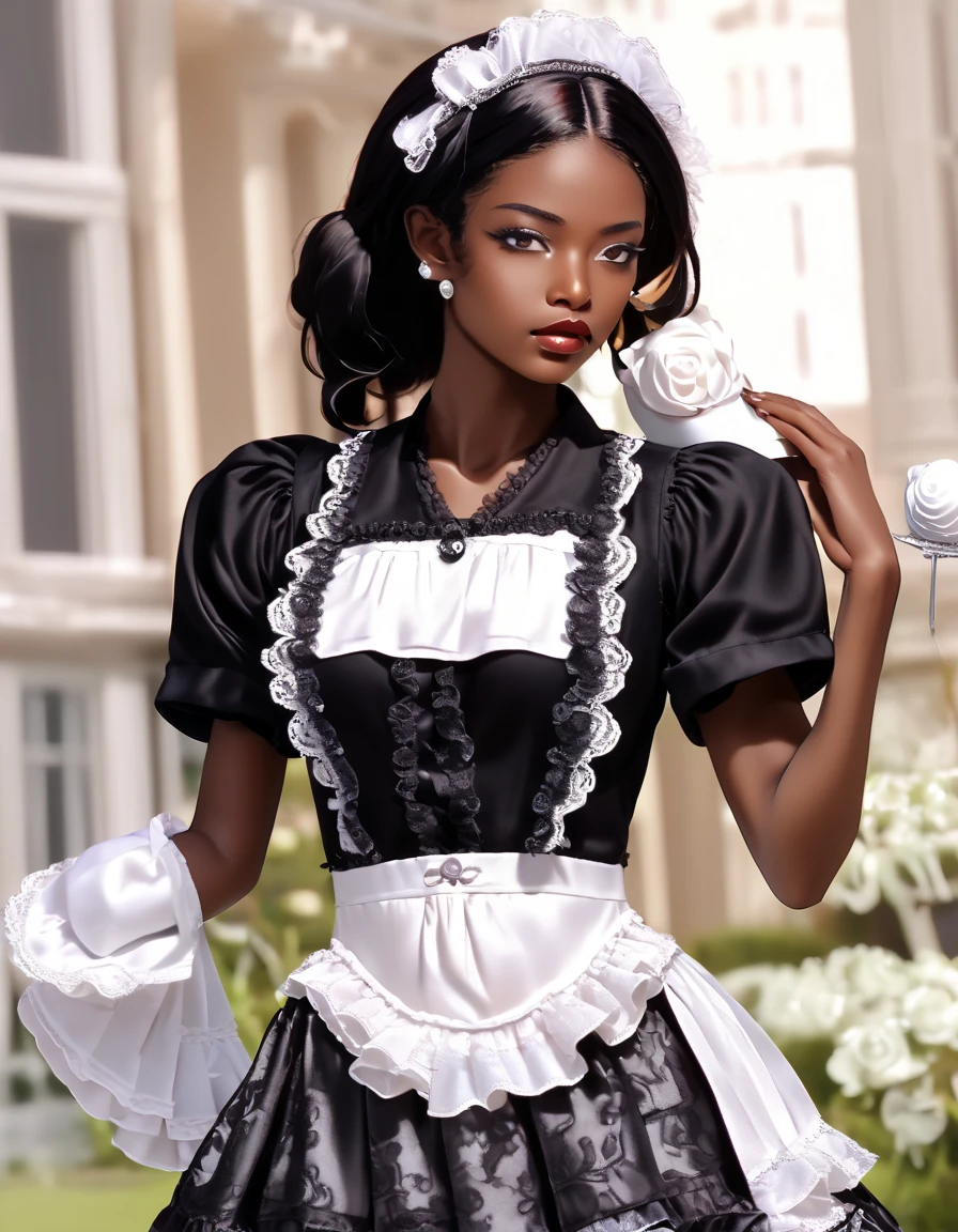 Eight-year-old black girl, beautiful, curly hair, wearing a white dress patterned with flowers, in a rose garden.