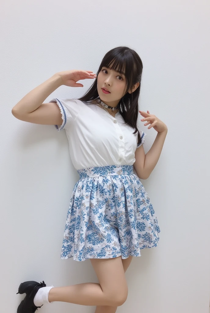 Highest quality,Super detailed,One high school girl,Turn slightly to the side and look at me,Wearing a short-sleeved blouse,Pleated mini skirt,Posing for a photo