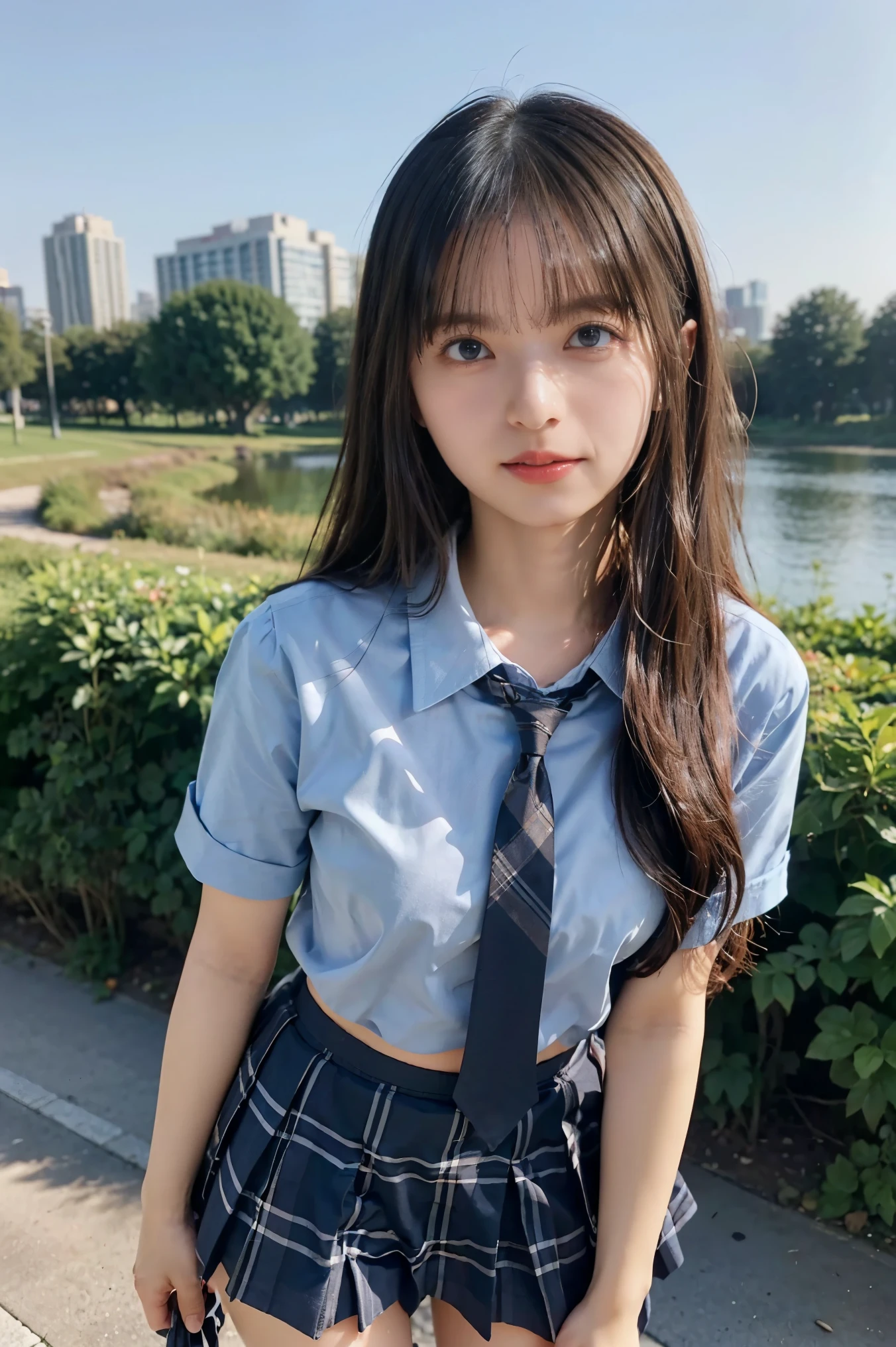 
(  Masterpiece  :1.3,  top quality,  ultra high resolution,  super detailed), ( realistic :1.1, photo realistic :1.4),  BEAUTIFUL ILLUSTRATION,  Complete,  colorful ,  depth of field,  Beautiful Detailed Hair ,  beautiful detailed face  ,  beautiful detailed eyes,  beautiful collarbone ,  beautiful body,  beautiful breasts,  beautiful thighs,  beautiful legs, Beautiful fingers ,  watch viewers,  1 girl,  Japanese ,  high school girl with visible armpits,  perfect face, (  perfect anatomy  ,  anatomically accurate ), A pretty, symmetrical face,  ,  tan, shiny skin, (Mid-length hair:1.5,  twin tails:1.2, dark brown hair with semi-long hair),  asymmetrical bang ,  blue eyes,  long lashes, ( medium chest ), slender, (( Short Sleeve Shirt with Collar ,  light blue shirt,  school uniforms,  gray plaid pleats Skirt ,  navy tie )),  light blue panties  , ( Beautiful Scenery ),  evening , (Outdoor, Distant cityscape), 's full body is shown, standing,  walker behind、 place your hands on your chest , (Beautiful smile, Above the eyes,  open mouth),