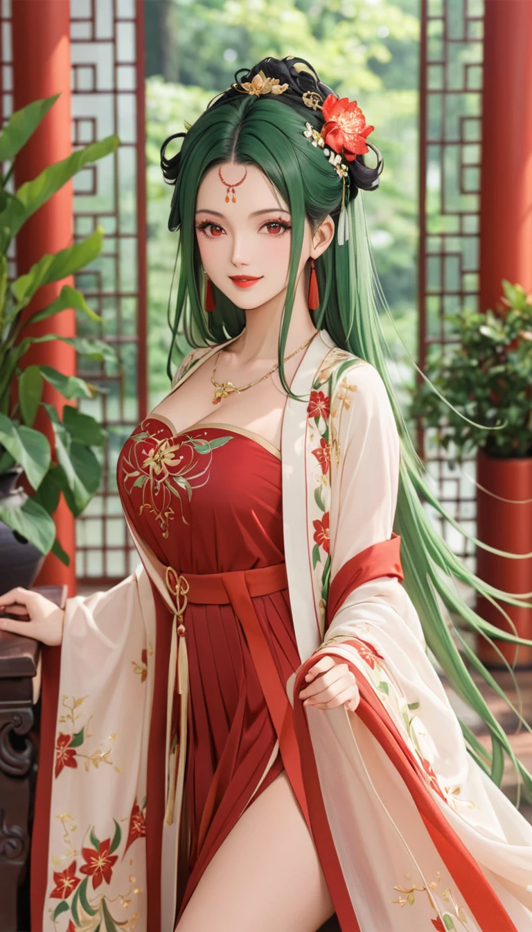  top quality,  Masterpiece  ,  very delicate and beautiful, CG, very detailed , high definition ,  very detailed, depth of field,  1 girl , beautiful detailed girls,green_hair, length_hair,  beautifully detailed red eyes ,(compensate:1.2), red lips, light on face,( has an enchanting smile:1.2),Big Breasts, clevis,(thigh),Daishuyama ,
Daishuyama  style,indoor, botanical decoration ,( cowboy shot:1.5)