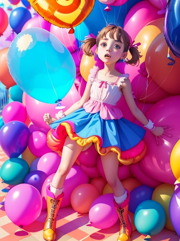  a 19-years-old lady, loli, sissy, female brat,  (((having balloons))), boots, geometric background, vibrant colors, watercolor, (((full body))), big ribbon, looking up at me, pigtail, long flare skirt,