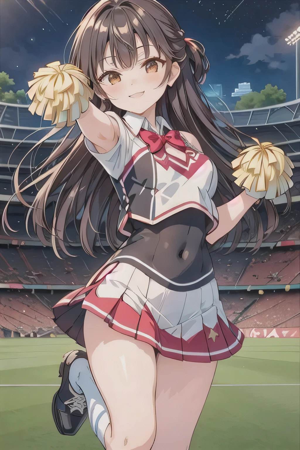 She's wearing a cheerleader costume with a cute design, and her miniskirt and bright bow are eye-catching. The background is a soccer stadium illuminated by the night sky, and the lighting creates a dramatic atmosphere. She is cheering in a pose with one leg raised high. White panties are visible. full body shot,(masterpiece:1.2), top quality,(((( high definition )))),  (shape:0.8), ((((Highly detailed faces)))),  ((( very detailed CG))), bangs, black hair , Brown Eyes , brown hair, I can see my eyebrows through my hair, long hair,smile.