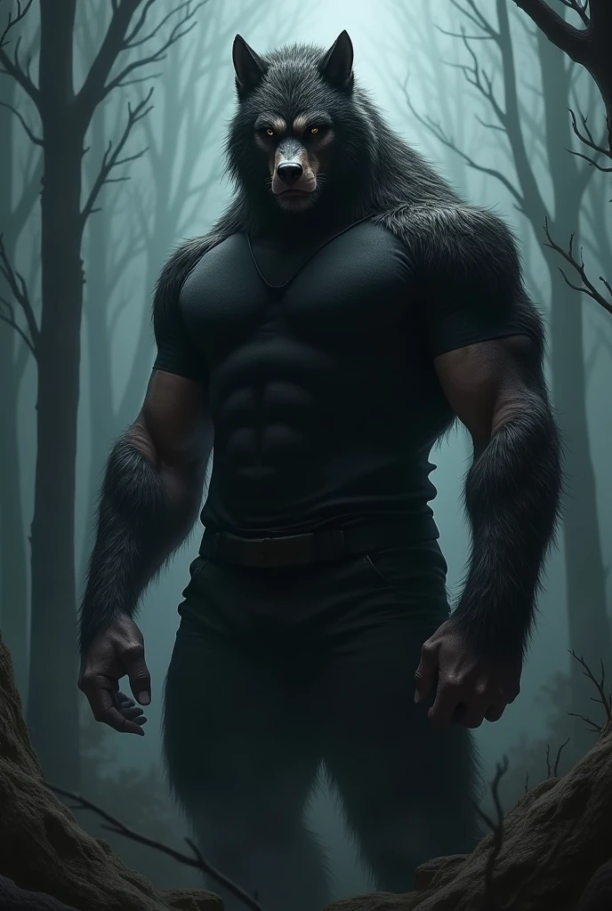 (full body shot), (realistic style), (furry), (humanoid), male wolf, full body black fur, red eyes, perfect muscular body, and biggest muscles, biggest pecs, and biggest thighs, wearing black leather pants and red leather jacket, no shirt, realistic forest background