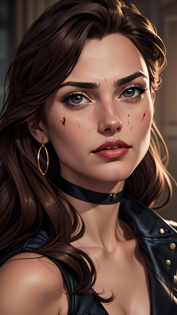 a drawing of a woman with blood on her face and a bloody collar, charlie bowater art style, arte do personagem Charlie Bowater, lois van rossdraws, Ross Draws 1. 0, female vampire, Carmilla Vampira, artgerm e rossdraws, style of charlie bowater, Vampire girl, Ross Draws 2. 0, Retrato de RossDraws, vampire portraitJennifer Connelly , , white bra, green vest, sleeveless, へそ, blue jeans, Brown boots, gloves fingerless, short gloves, slightly-smile, shorth hair, wavy hair, parted bangs, anime color eyes, under the right eye, old american west, funfo White Belt, best quality, Obra de arte Jennifer Connelly
