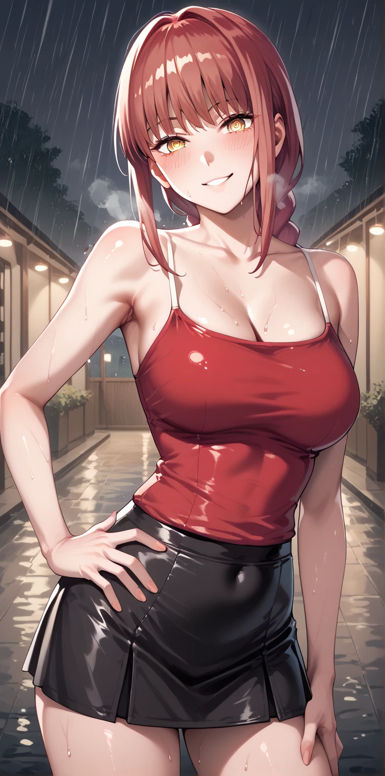  Makima, 1girl, solo, long hair, breasts, smile, bangs, large breasts,yellow eyes, braid, sidelocks, red hair, braided ponytail, ringed eyes, seductive smile, looking at viewer, shinny eyes, heavy breath, yandere, night, Obsession Gaze,  ruanyi1045,camisole,spaghetti strap skirt, mini skirt, parted skirt,skin tight, hand on hip, smile, looking at viewer, blush, sweat drop, whole body,ruanyi1204,rain,outdoors,
neon trim,lamppost,dim lighting