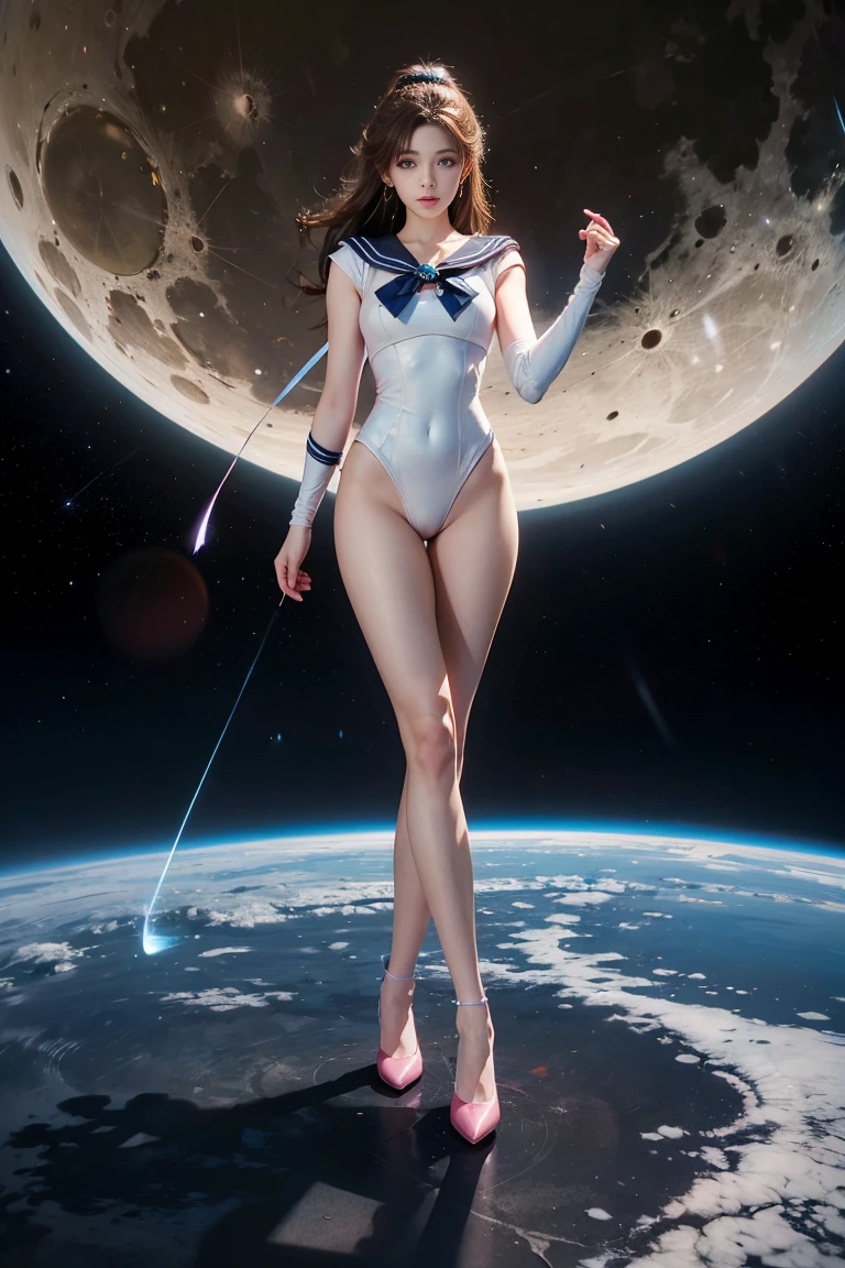  A beautiful young woman in a metal space combat suit is posing in space.  long blonde hair ， blue eyes，Height 170cm， Sailor Moon under the moon , Sailor Jupiter, 가슴 쪽 pink ribbon, pink ribbon,  I like to exercise . Height 172,  Her voluminous body is beautiful . Full body image from head to toe . Standing on a fantastic magic circle .