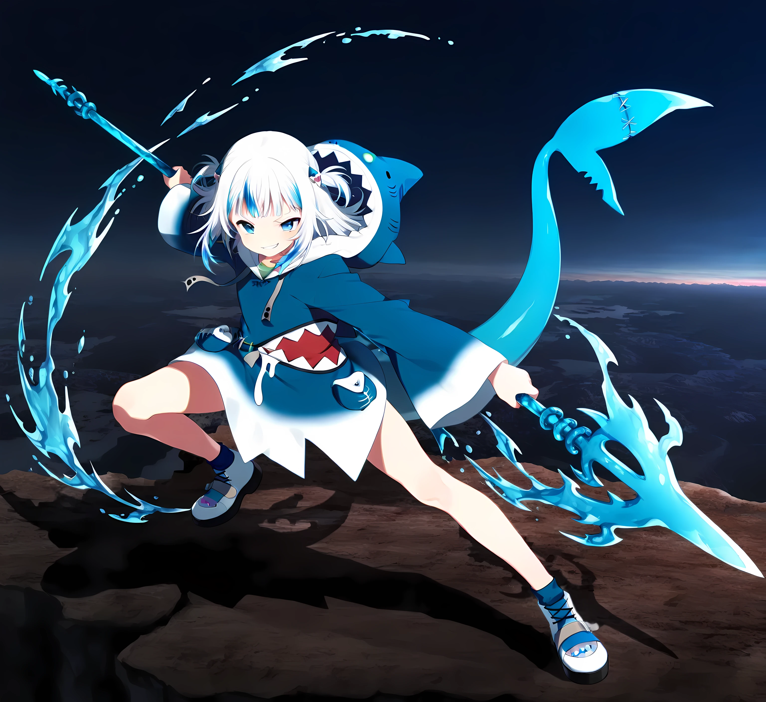 (masterpiece, best quality:1.4), 1girl, gawr gura, blue eyes, white hair, solo focus, virtual youtuber, medium hair, multicolored hair, streaked hair, epic pose, blue hair, cosplay, hood, good hands, , (detailed), (anime-style), (1girl), (solo), (full body), shark hoodie, (smirk), holding a long spear, dynamic pose, (action shot), (shark theme outfit:1.1), (tail), (bright colors:1.2), (sharp details:1.3), (soft shading), holding weapon, sword, black sword, landscape, fantasy landscape
