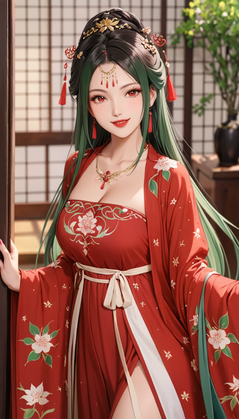  top quality,  Masterpiece  ,  very delicate and beautiful, CG, very detailed , high definition ,  very detailed, depth of field,  1 girl , beautiful detailed girls,green_hair, length_hair,  beautifully detailed red eyes ,(compensate:1.2), red lips, light on face,( has an enchanting smile:1.2),Big Breasts, clevis,(thigh),Daishuyama ,
Daishuyama  style,indoor, botanical decoration ,( cowboy shot:1.5)