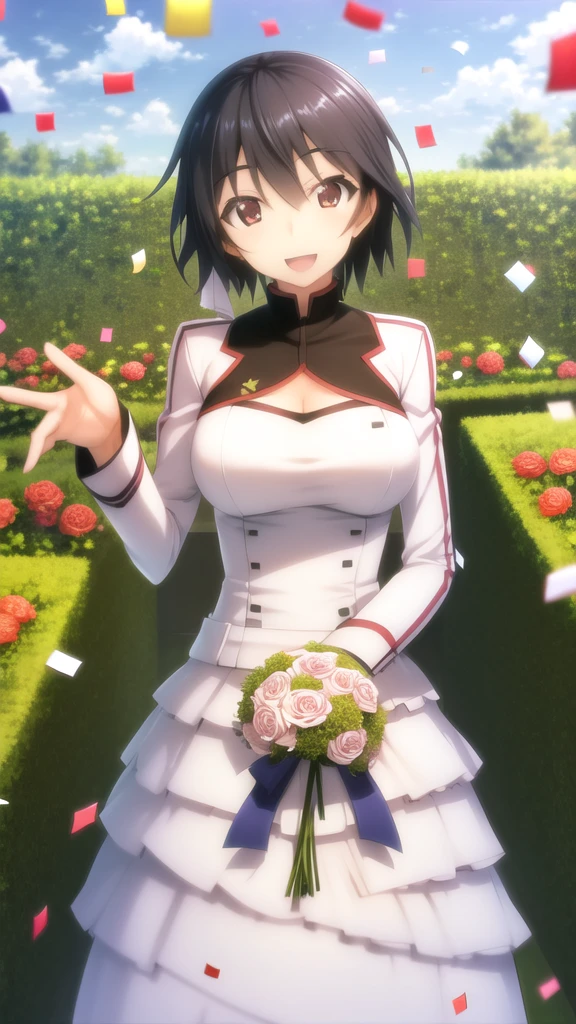 masterpiece, best quality, high quality, girl, solo, looking at viewer, ichika_orimura, black hair, brown eyes, large breasts, wedding Dress, standing, garden, confetti, holding bouquet, smile, open mouth,