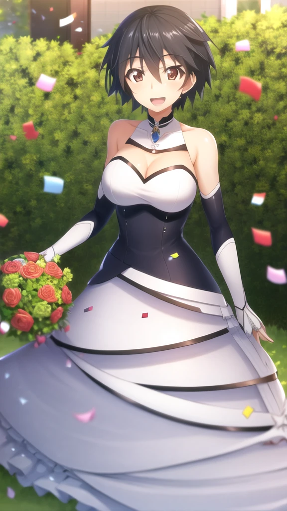 masterpiece, best quality, high quality, girl, solo, looking at viewer, ichika_orimura, black hair, brown eyes, large breasts, wedding Dress, standing, garden, confetti, holding bouquet, smile, open mouth,