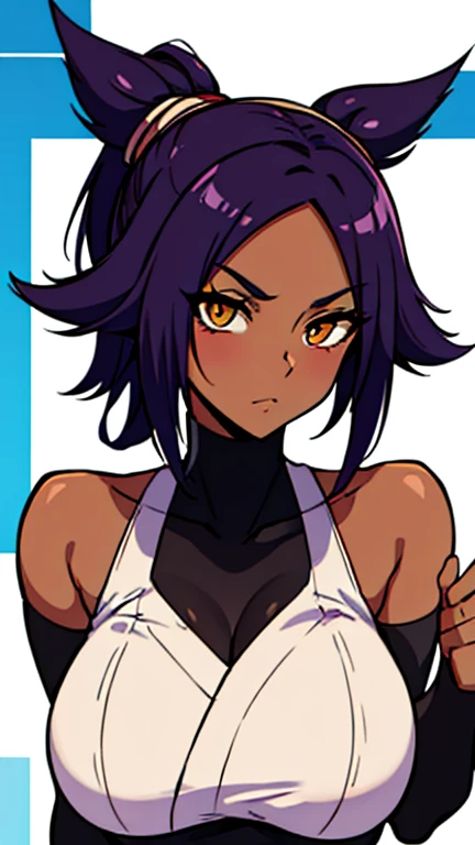 Yoruichi has large breasts and she has a cute face 