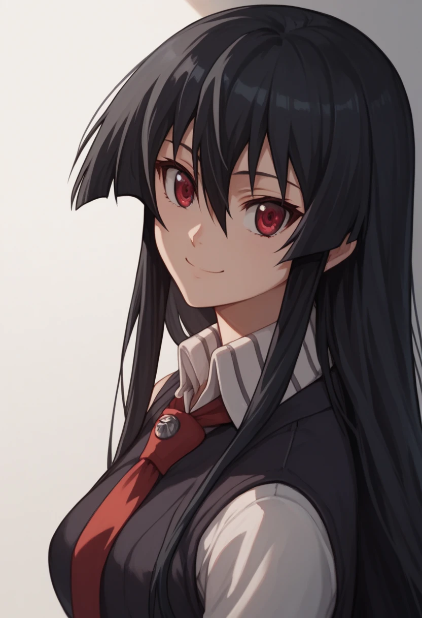 1girl,solo,akame, long hair, black hair, red eyes, hair between eyes, cute, smiling, school uniform, standing in front of white wall