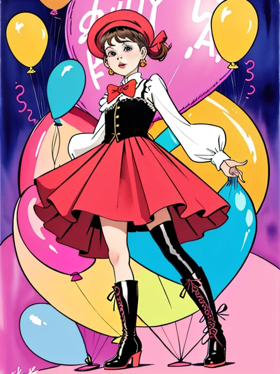  a 19-years-old lady, cancan, loli, sissy, female brat,  (((having balloons))), boots, geometric background, vibrant colors, watercolor, (((full body))), big ribbon, looking up at me, pigtail, long flare skirt, hat,