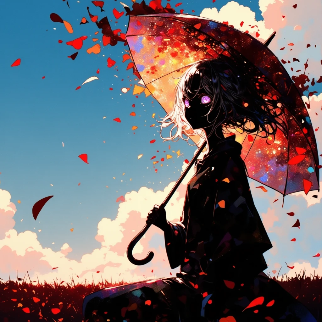 
1girl\(holding umbrella\(transparent,mass amount of petals decorate umbrella\)\), mass amount of petals filling in the air. petals cover ground. minimalism, simplism, (girl with white long hair and light purple eyes)