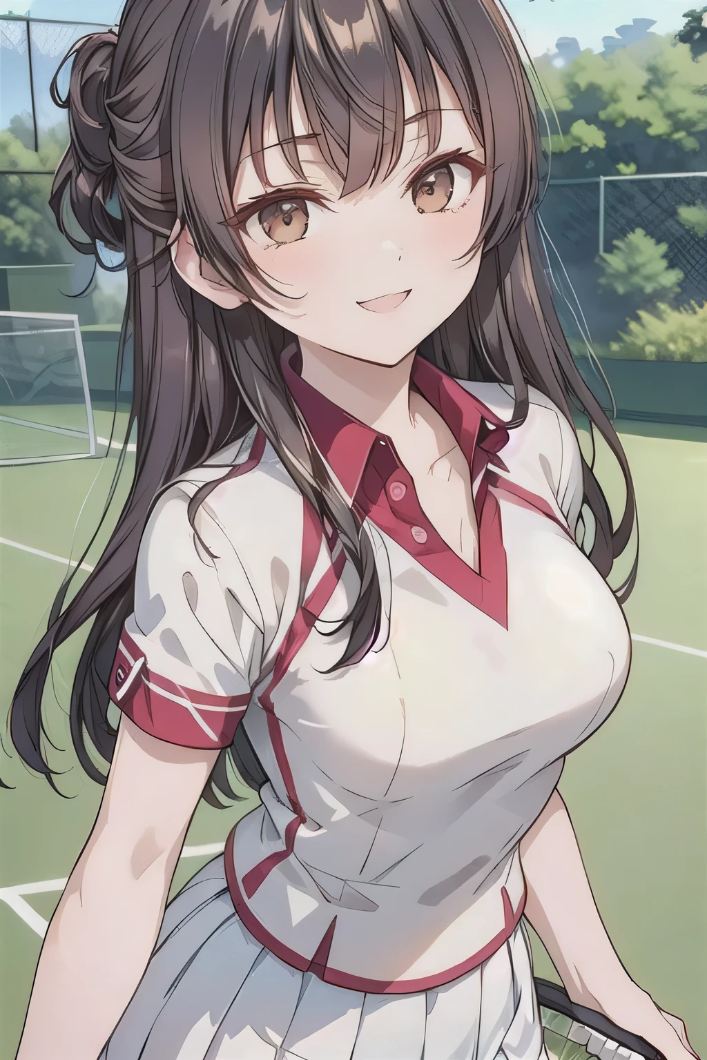 nsfw. She is wearing a white tennis outfit, with her white undergarments visible. She holds a single tennis racket with both hands in a poised and focused manner. The lush green grass tennis court stretches out in the background. This scene radiates elegance, power, and athletic skill. (masterpiece:1.2), top quality,(((( high definition )))), (shape:0.8), ((((Highly detailed faces)))), ((( very detailed CG))), bangs, black hair , Brown Eyes , brown hair, I can see my eyebrows through my hair, long hair,smile.