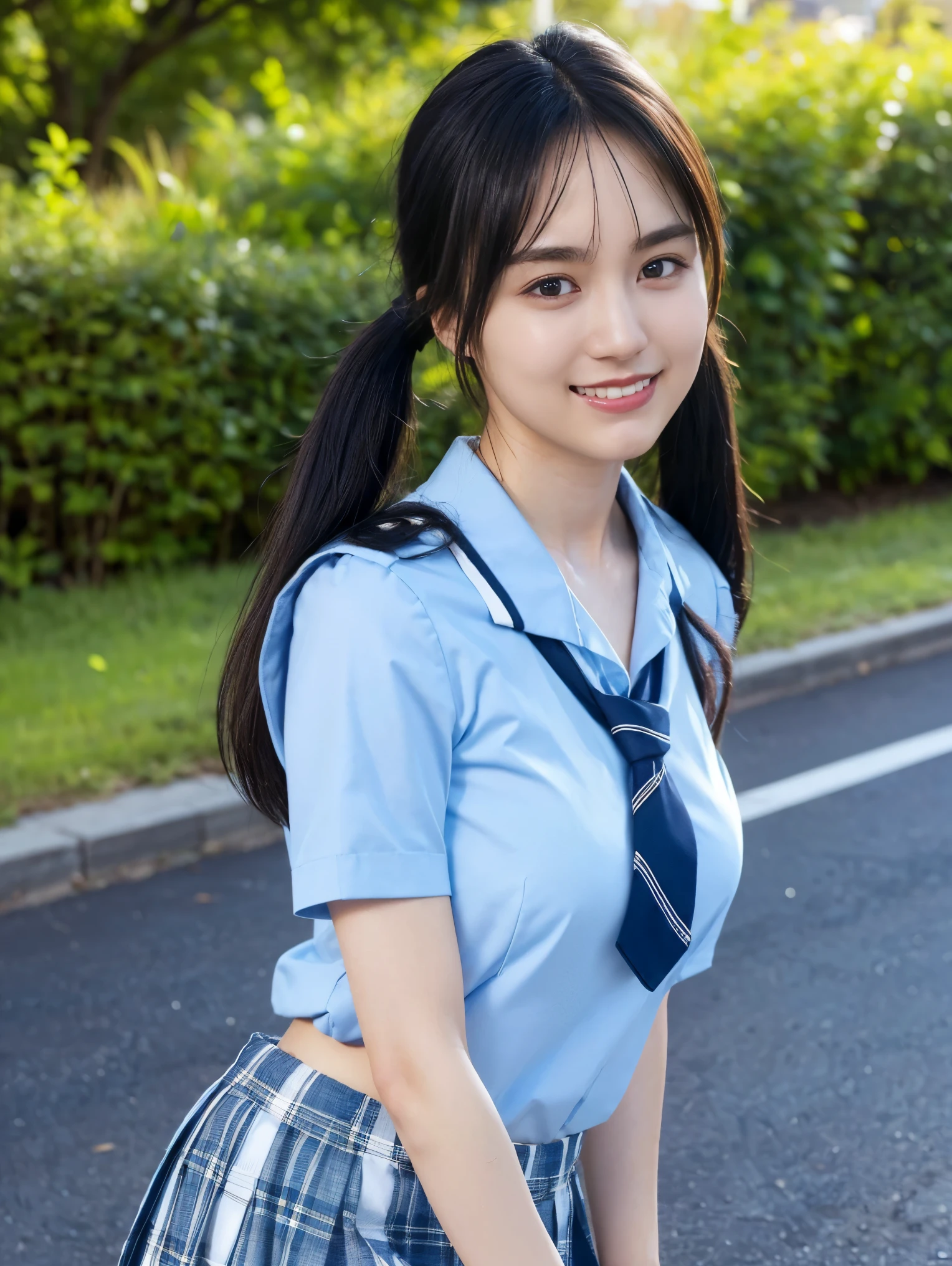 modest breasts, navy blue tie, navy blue skirt, light blue shirt, gravure idol, waterside, wet, smile