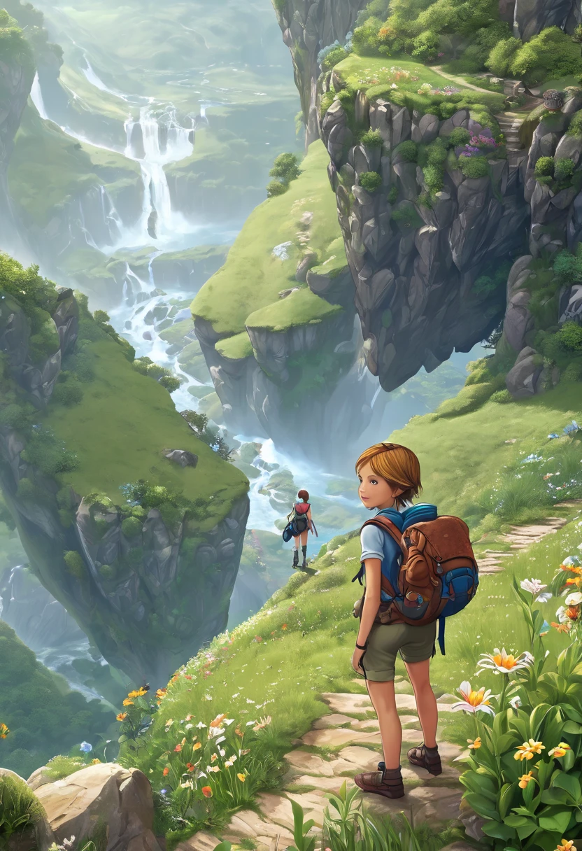 ( top quality, ultra detailed), fantasy, rpg, landscape,  idyllic, gap, ( Dutch Angle:0.8),  1 girl , Adventurer,   backpack,  pants,  shorthair, null, There is a natural cave on a cliff, waterfall, wind, garden, Flower storm, 