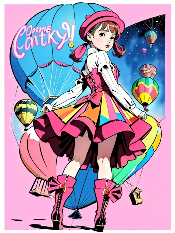  a 19-years-old lady, cancan, loli, sissy, female brat,  (((having balloons))), boots, geometric background, vibrant colors, watercolor, (((full body))), big ribbon, looking up at me, looking back at me, pigtail, long flare skirt, hat,