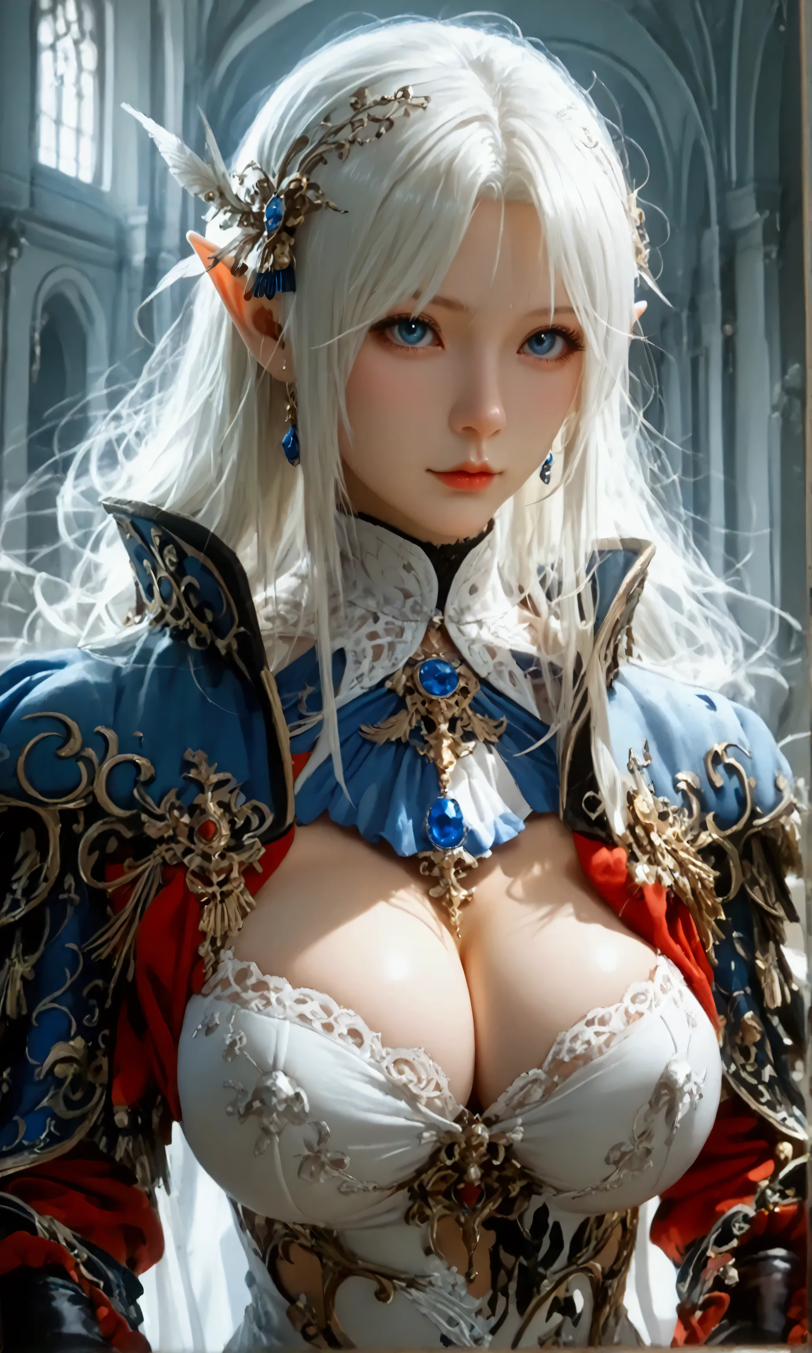 (8k, top quality, Masterpiece , Final Fantasy Style: 1.2),Atmospheric perspective, 8K, Very detailed, Accurate, Highest quality, masterpiece, Very detailed,Sharp focus, High resolution, fullbody shot of a female knight elf, (fullbody:1.5), (nudity:1.7), Complex, Narrow Face, elegant, Wearing a sapphire necklace, White lightweight dress with straps, ((large breasts:1.2), (huge breasts:1.2), (Uplifted and well-defined bust:1.2), (lifted chest:1.2), (perky breasts :1.2),(deep cleavage:1.4),(nudity, exposing beasts:1.5)) and a huge waist, (sexy long legs, whole body picture:1.5), ((nudity, exposing beasts:1.5)), To the camera, Very detailed, Digital Painting, Art Station, Concept Art, Smooth, Sharp focus, figure, ArtJam, Greg Rutkowski, Art by Alphonse Mucha, 8K, Volumetric Fog, bloom, light, lumen, Crank blur