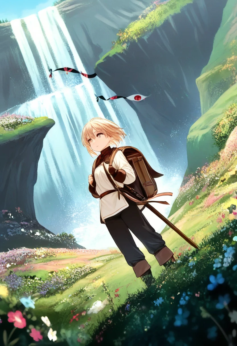 ( top quality, ultra detailed), fantasy, rpg, landscape,  idyllic, gap, ( Dutch Angle:0.8),  1 girl , Adventurer,   backpack,  pants,  shorthair, null, There is a natural cave on a cliff, waterfall, wind, garden, Flower storm, 