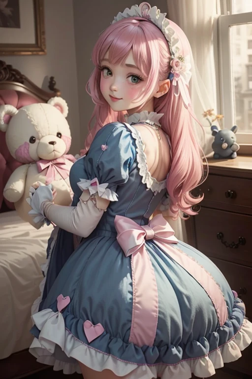 1girl, photo, masterpiece, sweetlolita at bedroomgothic gothic interior, blue white dress fabric, heart shape on cheek, blush pink makeup, gloves, smile, pastel color, ornate, broderry, holding stuffed teddy bear, bokeh,, huge , huge ass