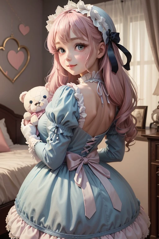 1girl, photo, masterpiece, sweetlolita at bedroomgothic gothic interior, blue white dress fabric, heart shape on cheek, blush pink makeup, gloves, smile, pastel color, ornate, broderry, holding stuffed teddy bear, bokeh,, huge , huge ass