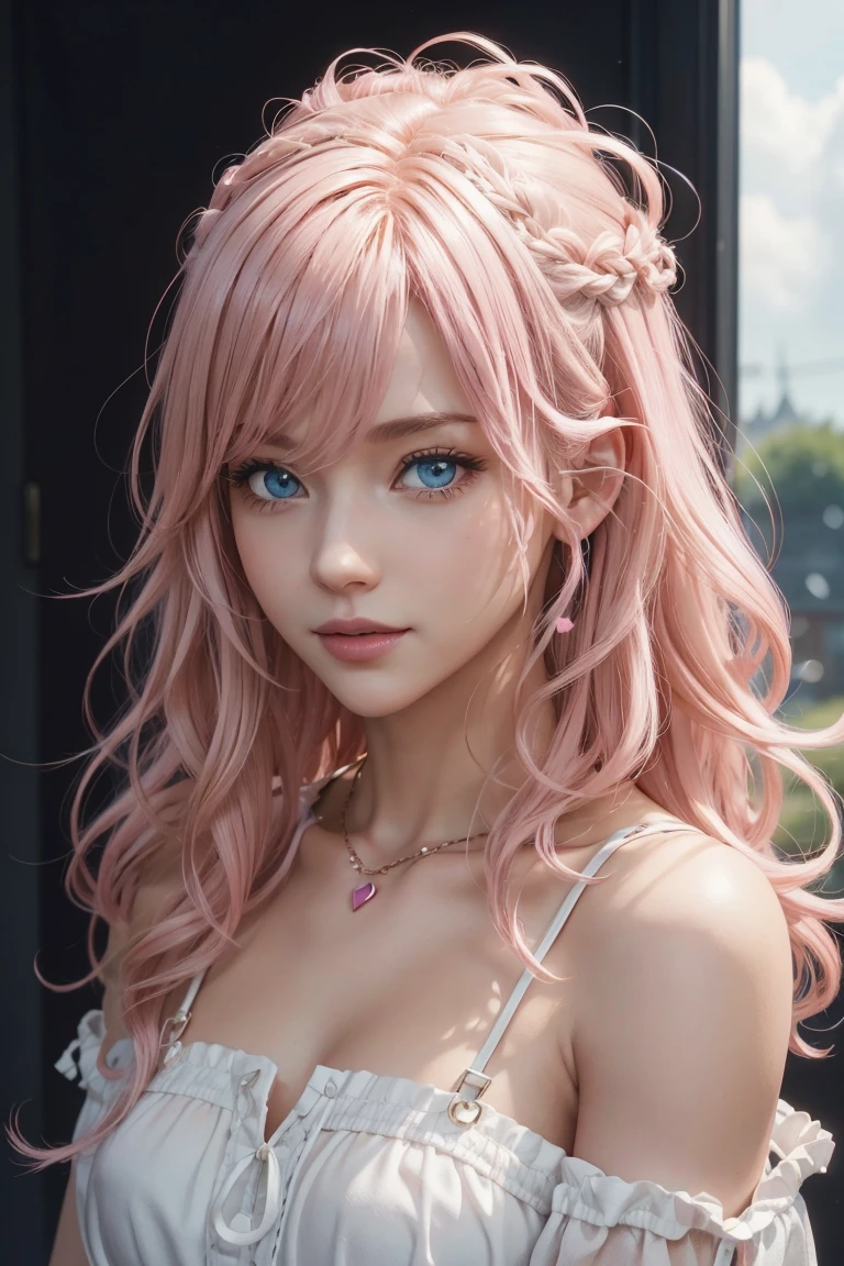 Lightning,Final Fantasy,Pink blonde,medium hair,Light permed hair,curly hair on one side,let down one&#39;s Bangs,beautiful blue eyes,beautiful and high nose,Super high quality,super high quality,masterpiece,digital single lens reflex,photorealistic,detailed details,vivid details,depicted in detail,detailed face,detailed details,super detail,realistic skin texture,Based on anatomical grounds,perfect anatomy,anatomically correct hand,anatomically correct fingers,complex 3d rendering,huge ,sexy pose,white ruffle shirt,pink apron,Maid clothes,Put it in a nice photo frame and display it,land of sweets,Fantasy land of sweets,Valentine&#39;s day,holding delicious chocolate,luxury sweets house,Colorful chocolate,Luxurious Valentine&#39;s day,heart symbol balloon,colorful sweets room,Colorful macarons,Valentine gift box,mysterious snow scene,It's snowing,Picturesque beauty,Take a full body photo,9 head body,pink lip,Beautiful curly hair,luxury necklace,emphasize the beautiful whole body,beautiful nails,High-leg T-back,smile,