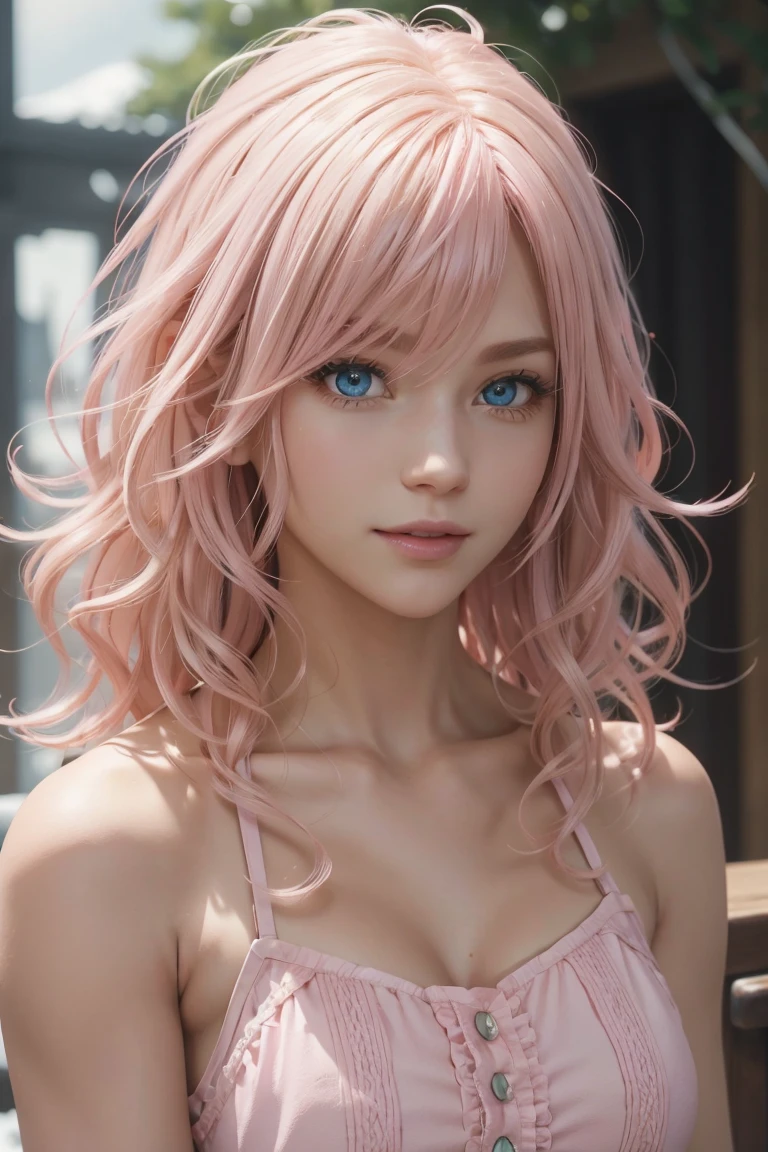 Lightning,Final Fantasy,Pink blonde,medium hair,Light permed hair,curly hair on one side,let down one&#39;s Bangs,beautiful blue eyes,beautiful and high nose,Super high quality,super high quality,masterpiece,digital single lens reflex,photorealistic,detailed details,vivid details,depicted in detail,detailed face,detailed details,super detail,realistic skin texture,Based on anatomical grounds,perfect anatomy,anatomically correct hand,anatomically correct fingers,complex 3d rendering,huge ,sexy pose,white ruffle shirt,pink apron,Maid clothes,Put it in a nice photo frame and display it,land of sweets,Fantasy land of sweets,Valentine&#39;s day,holding delicious chocolate,luxury sweets house,Colorful chocolate,Luxurious Valentine&#39;s day,heart symbol balloon,colorful sweets room,Colorful macarons,Valentine gift box,mysterious snow scene,It's snowing,Picturesque beauty,Take a full body photo,9 head body,pink lip,Beautiful curly hair,luxury necklace,emphasize the beautiful whole body,beautiful nails,High-leg T-back,smile,