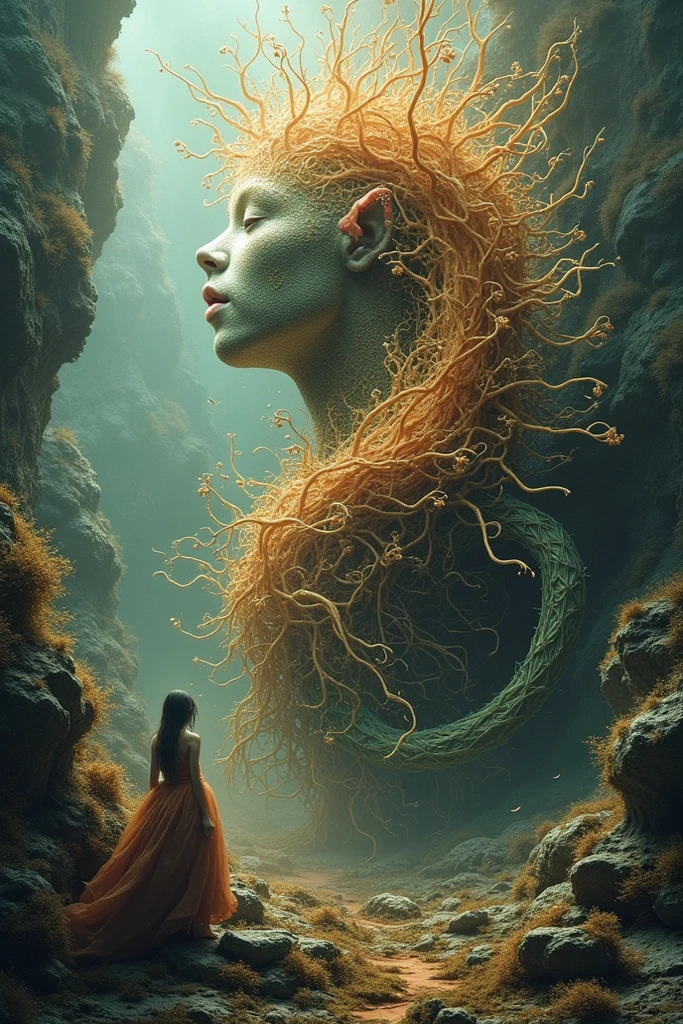 (masterpiece, hi resolution, hd wallpaper, extra resolution, best quality, intricate details:1.3), a head flying in the sky and turning into octopus with squids instead of hair, pretty face, big eyes with elegant eyelashes, surrealistic landscape with a grassy area and a lake on the foreground and trees and mountain on the background, abstract shapes and dead black tree growing on the head while head flying in the sky, liquid flash, balls, artwork by AIDA_NH_humans, surrealistic portrait in style of AIDA_NH_humans