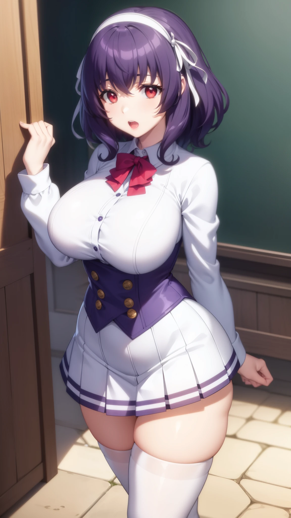  milf, Good hands, wide hips,Good eyes, Purple hair ,Red Eyes ,Medium Hair, short hair,Open mouth,,Cowboy Shot,Hair Ribbon,,school unform ,skirt,white thighhigh,curvy