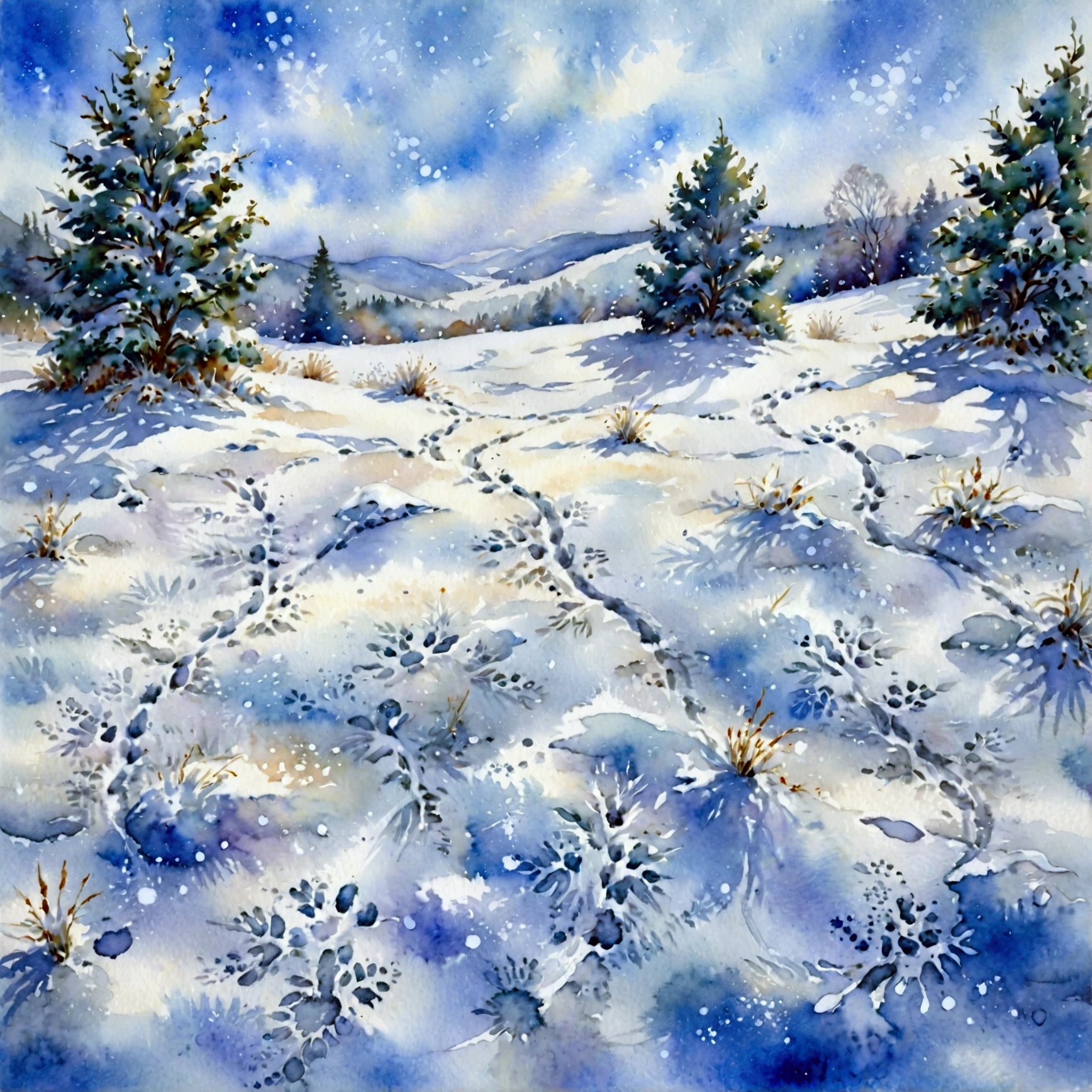 A watercolor-style illustration of a pristine, snow-covered field with multiple small footprints scattered across the surface, smaller than human footprints. The snow is soft and untouched, with faint shadows and gentle blue and white tones creating a serene and mystical atmosphere. The delicate footprints wind and weave across the snow, hinting at the presence of something magical or fairy-like. The background fades into soft, snowy mists, adding to the ethereal and otherworldly feel. The brushstrokes are light and flowing, capturing the quiet beauty and mystery of the snowy landscape, (watercolor style, pristine snowfield, small footprints, smaller than human, soft snow, gentle shadows, blue and white tones, serene, mystical atmosphere, fairy-like presence, snowy mists, ethereal, otherworldly, light brushstrokes, quiet beauty, magical)