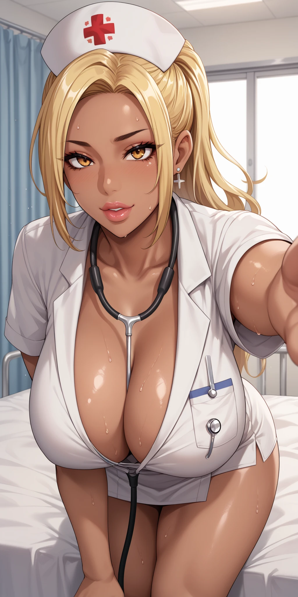 top-quality、Full limbs、complete fingers、1 beautiful woman,mole under eye、sweat、Slender beauty、straight haired、silver hair、((white  Nurse Uniform))、(coverd nipples:0.9)、very skinny、cleavage、 nurse hat、White pantyhose、hospitals、Hospital Room、on Patient bed、used condom、vulgarity、spoken heart、(bikini tan:1.5)、