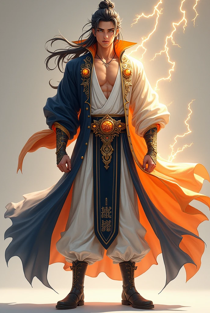 A tall man radiating intense spiritual power, with turbulent air currents swirling around him, 32k, best quality, masterpiece, super detail, high details,