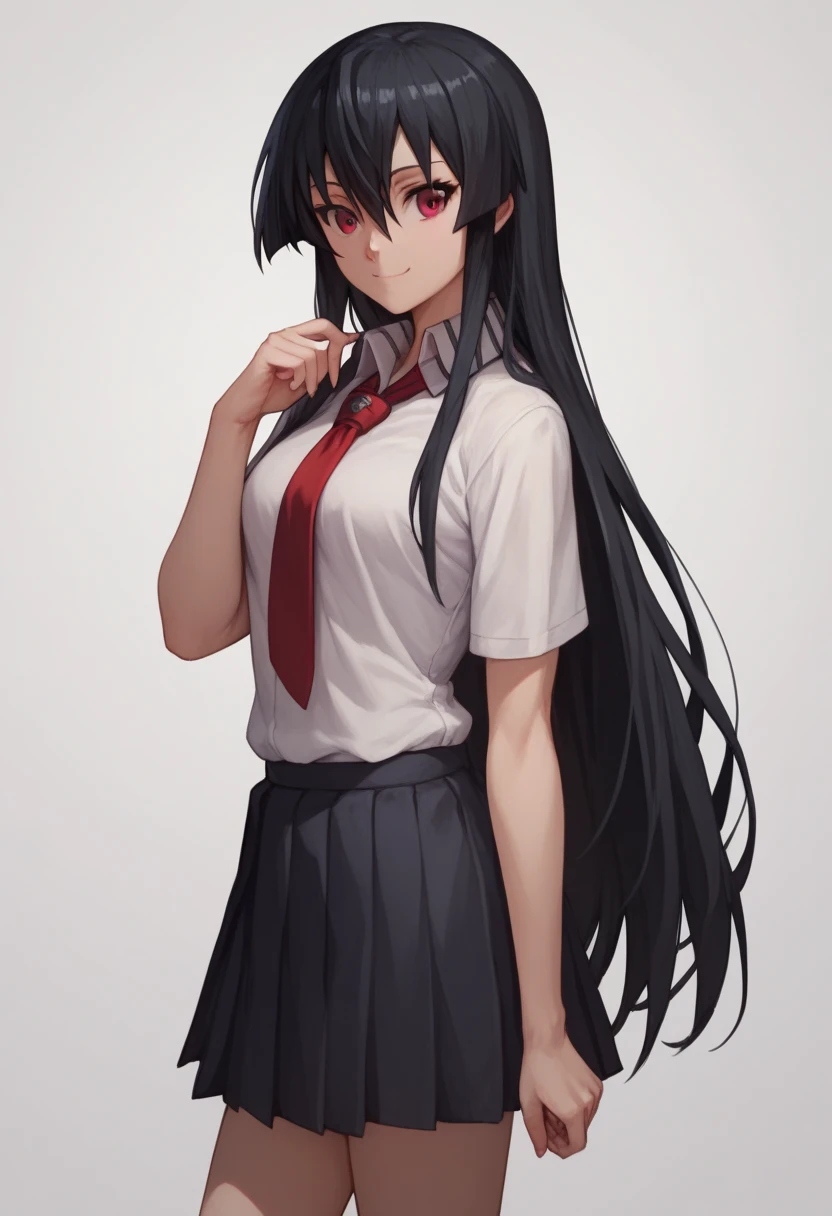 1girl,solo,akame, long hair, black hair, red eyes, hair between eyes, cute, smiling, standing in front of white wall,school uniform,shirt,skirt