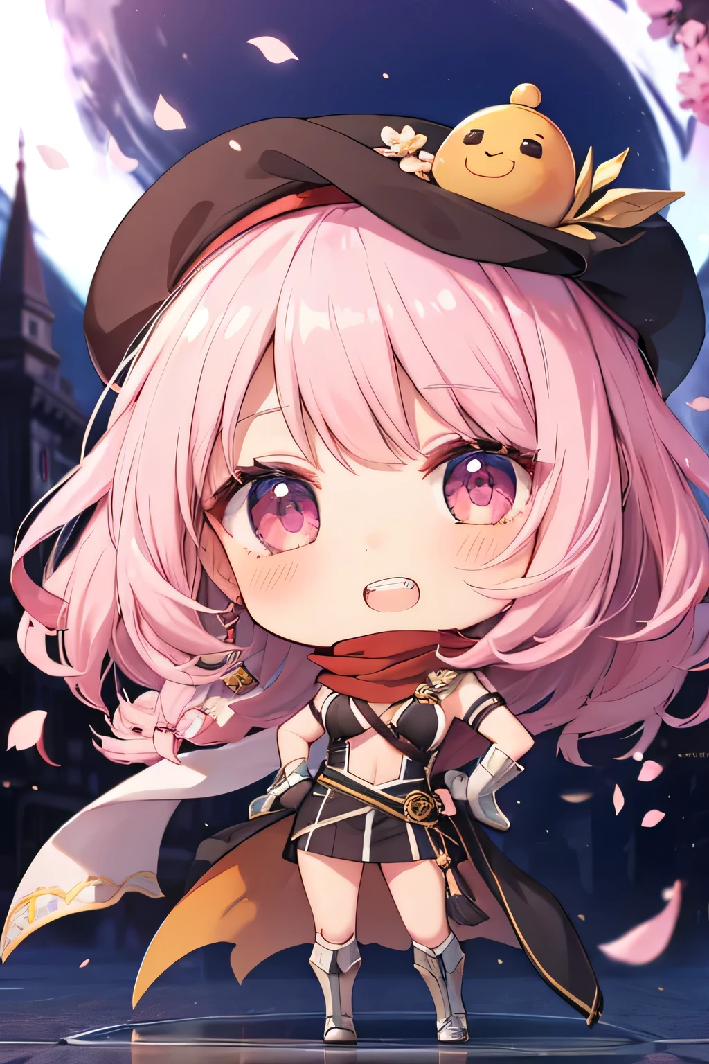 happy girl ( showing teeth), standing, combat pose,  pink hair color,  mmorpg background ,  mmorpg background (A stranger), complete anatomy,   graphic effects ,  ornament of an accessory shaped like a flower on her head, aura, white beret, Katar weapon , red scarf, height 159 cm  ( 5 feet 3 inches ),  summoning circle,  castea skill Sonic Blow( ragnarok online ), Blue Fire Force +vapor,  fire around, strong breeze ,  sakura petals and leaves, primera persona, blush, looking at the viewer, Charm, Pausa de toque ciego looking at the viewer,  anime style very detailed face, 8K, light and shadow effect.  masterpiece,  The best quality , fullbody, Chibi, , (change:1.2), Nendoroide, PVC models 