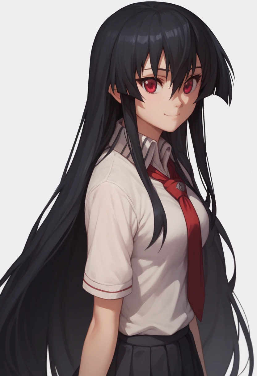 1girl,solo,akame, long hair, black hair, red eyes, hair between eyes, cute, smiling, standing in front of white wall,school uniform,shirt,skirt