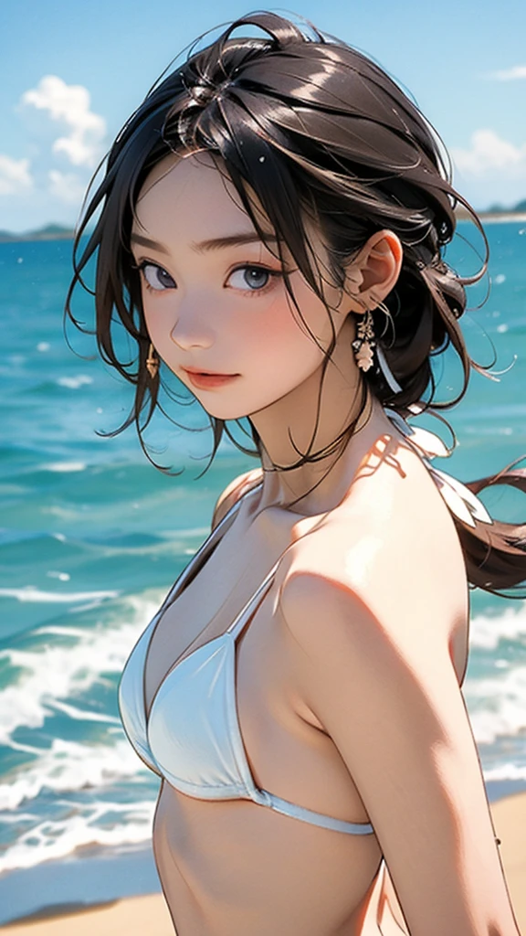 (12years old:1.4),(Very Young Face), (japan Person famous idol), 1girl, 1girl, (Extremely small white micro bikini style:1.4), Stroll along the seaside, sunshine, (masterpiece:1.0),(best_quality:1.0), ultra high res,4K,ultra-detailed, photography, 8K, HDR, highres, (perfect anatomy:1.2),(Beauty of form:1.4) Golden ratio, big eye,(nature's providence:1.4),