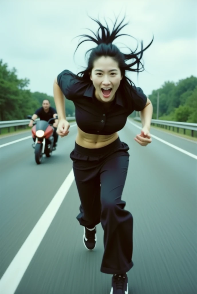  Taiwanese woman with long hair messy slob in Gelung. Nike shoes .  Sixspac muscular body looks . Dressing a colossal shirt. Pants to the feet.  Running jogging in front of the camera . morning atmosphere.  Appears threatening .  Exaggerated threatening killing expression .  Belly full of sixpack muscle .  Very serious atmosphere .  Simple highway background. In the back there is a man riding a ninja sport motorcycle .  Outfit aesthetic . Elegantly beautiful body .  Rough colored Cctv footage .  Slightly low light .