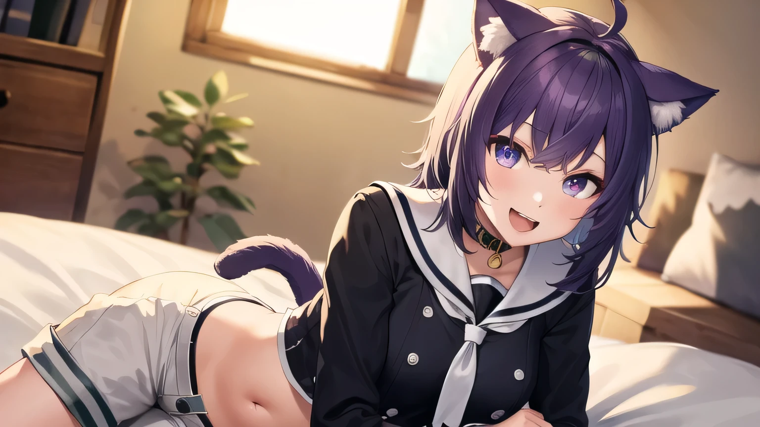 Masterpiece , top quality, high definition , Green porridge, shorthair, purple hair, Ahoge, black hair band, animal ears , cat tail, Sailor collar, neckerchief , black shirt , abdomen, button, white shorts, smile, open mouth, night,bedroom, Add