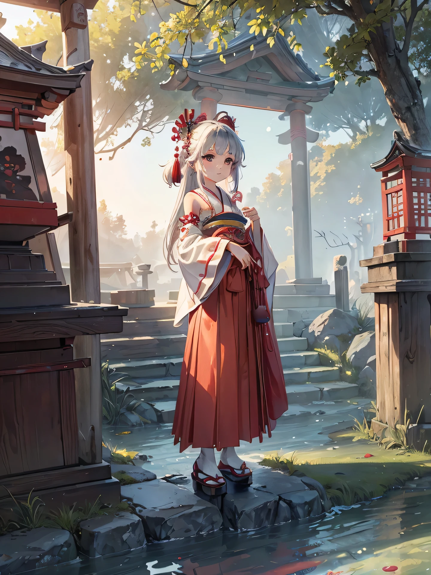 (( top quality、 high definition 、 High Definition CG Unity 8k Wallpaper )),shrine,((Shrine maiden&#39;s attire,open chest)),female 1 person, Full Finger , beautiful face, plump body 格,  Silver Hair,silver fox ears silver fox tail,(Big Breasts:1.5), perfect body, plump body ,  naughty anime style  ,  plus size model ,  sloppy body , erotic manga style body, The vibe of a married woman ,30 years old, kind smiles