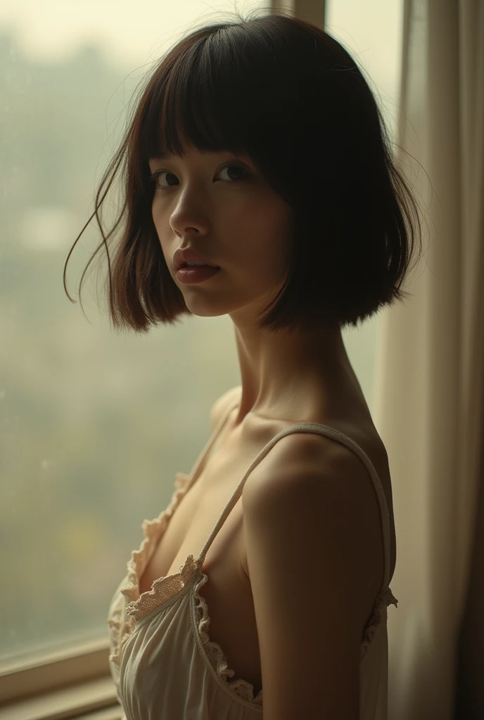 A beautiful woman bathed in the morning sun from behind in a high-rise hotel、Short bob and naked、Standing shyly hiding her chest、His whole body is staring at me.。