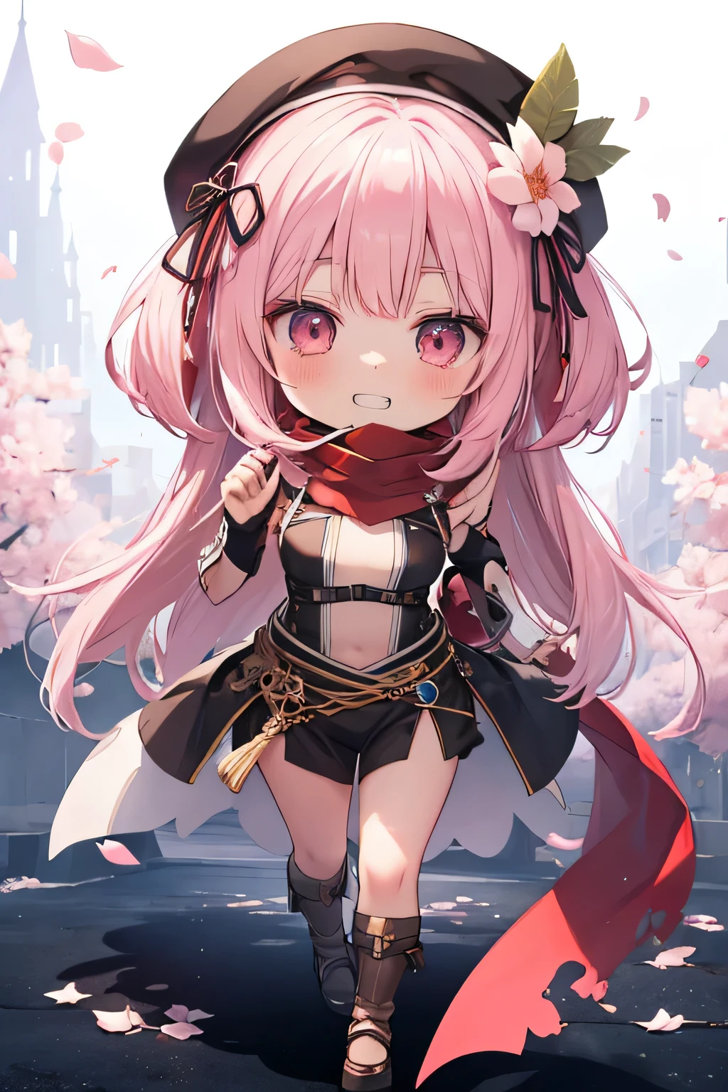 happy girl ( showing teeth), standing, combat pose,  pink hair color,  mmorpg background ,  mmorpg background (A stranger), complete anatomy,   graphic effects ,  ornament of an accessory shaped like a flower on her head, aura, white beret, Katar weapon , red scarf, height 159 cm  ( 5 feet 3 inches ),  summoning circle,  castea skill Sonic Blow( ragnarok online ), Blue Fire Force +vapor,  fire around, strong breeze ,  sakura petals and leaves, primera persona, blush, looking at the viewer, Charm, Pausa de toque ciego looking at the viewer,  anime style very detailed face, 8K, light and shadow effect.  masterpiece,  The best quality , fullbody, Chibi, , (change:1.2), Nendoroide, PVC models 